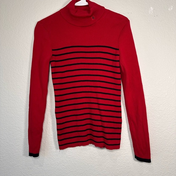 Lauren Ralph Lauren Red and Black Striped Turtleneck Sweater Medium - Picture 1 of 6